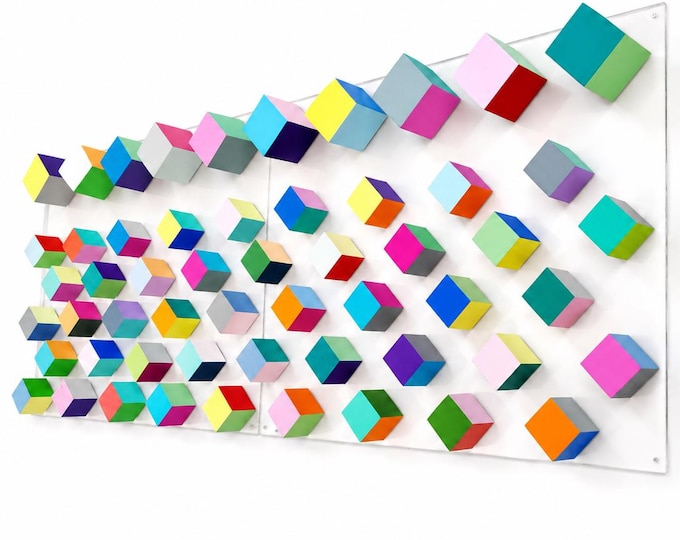 Large Colorful Wood Wall Art, Hand Painted Geometric Sculpture, Floating Acrylic Panels, Modern 3D Cube Mosaic Decor