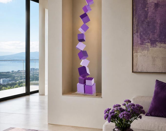 Tall Purple Wood Sculpture, Narrow Geometric Art, Modern Niche Decor, Abstract Statement Piece