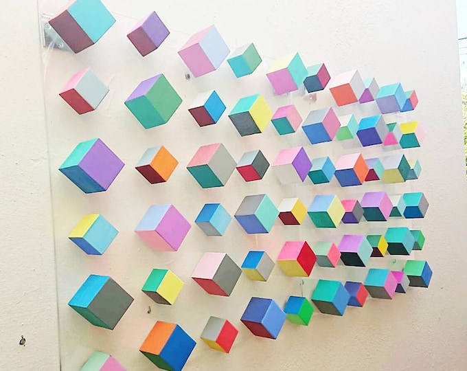 Wood wall art.© Modern and geometric wood wall art. Mosaic. Cube Art. 3D art. Floating. Wall decor. Hand painted.