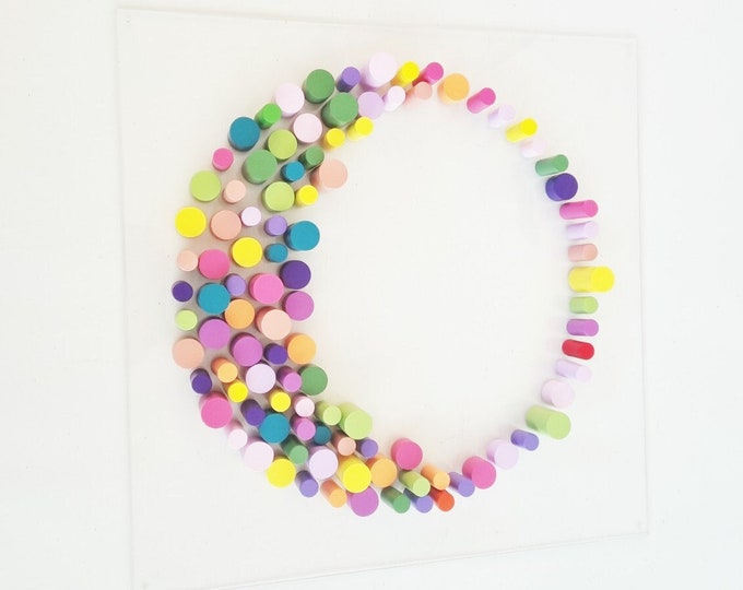 Wood wall art in happy colors. Circular 3d art. Modern wall art.  Home decor dowel wall art. Wood wall hanging, Circle Sculpture wall art ©