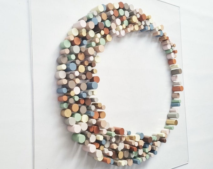 Wood wall art, neutral colors. 3d art. Circular Sculpture wooden art, Modern wood art. Home decor dowel wall art. ©