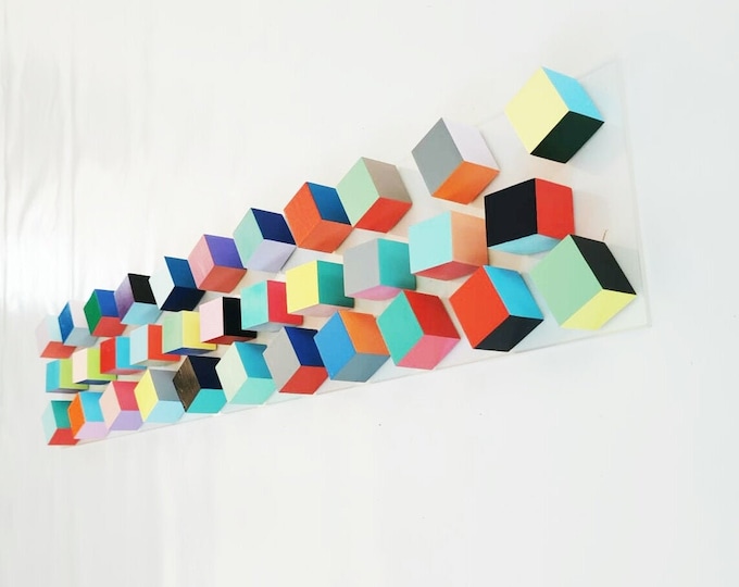 Geometric Wood Cube Wall Art: 3D Pop Art Sculpture on Acrylic panel. Bold colors