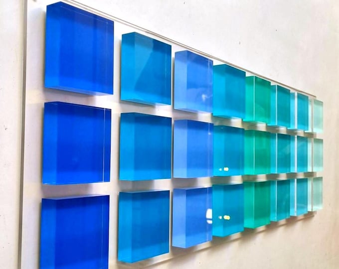 Hand-Painted Acrylic Cube Wall Art | Blue Turquoise Gradient