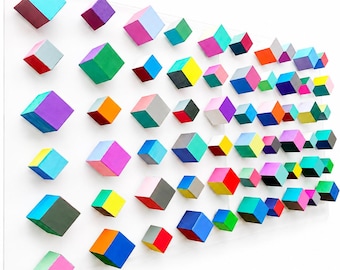 Hand Painted Wooden Cube Wall Art – Colorful 3D Geometric Wall Sculpture, Large Modern Acrylic Panel. 24"X48"