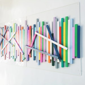 Wood wall art. Modern wall decor, large wood art. Slats in happy and bold colors, wall sculpture, 3d wall art. 2 bases 23.6" X 23.6"©
