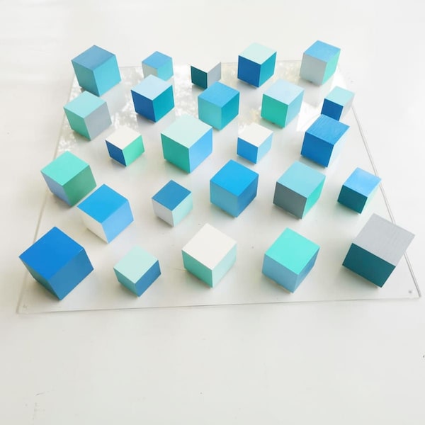 Wood wall art, ocean colors. Hand painted cubes in different blues. Block 3d art, wall sculpture. Ideal for beach house decoration ©