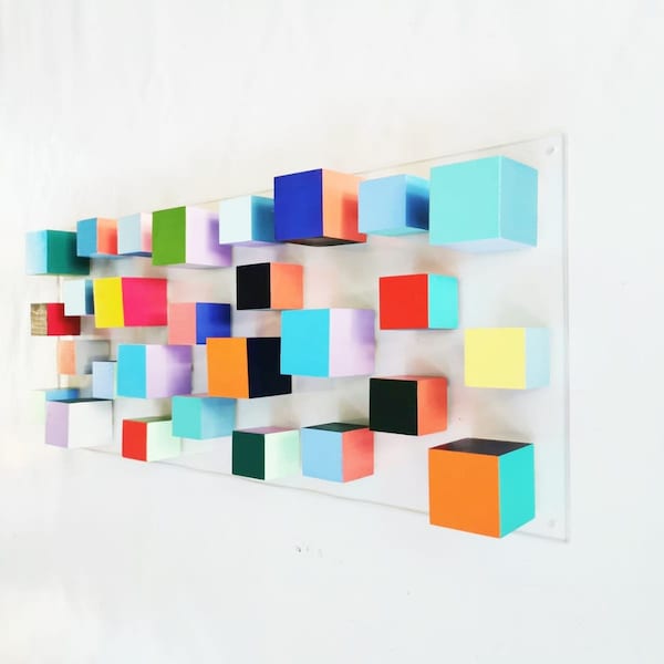 Wood wall art, Sculpture 3D art, modern cube art, Ideal present for any occasion, Geometric design in happy and bold colors, Floating wall ©