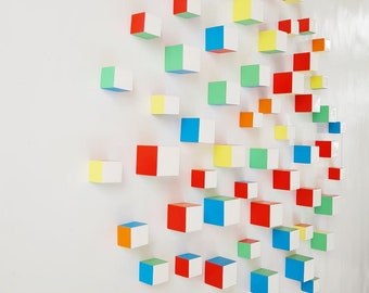 Modern Sculpture, 3d installation. © Hand painted color cubes with resin on top. You can choose the number of wood cubes and sizes.