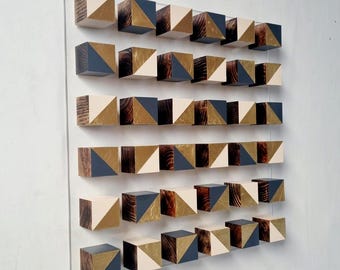 Wood Wall Art, Hand Painted Wooden Cubes, 3D Geometric Sculpture, Luxury Modern Wall Decor, Gold Leaf Acrylic Panel