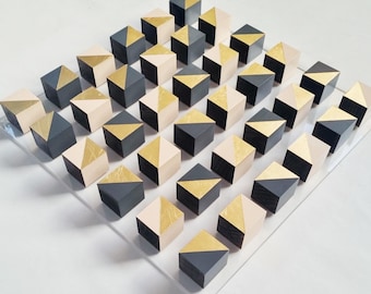 Hand-Painted 3D Wooden Cube Wall Art | Gold Leaf Geometric Sculpture