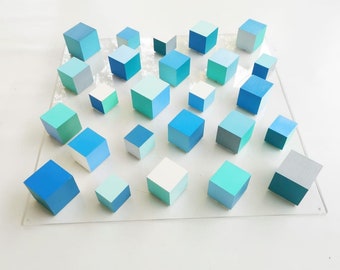 Hand Painted Wood Cube Wall Art: 3D Ocean Colors Sculpture