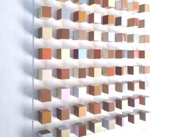 Large 3D Wall Art – Handcrafted Wooden neutral Cubes on Acrylic Panel, Modern Geometric Sculpture, 36” x 36”