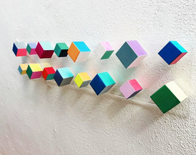 Long and narrow wood wall art.© Floating and transparent base. Large and straight wooden wall art. Colorful and geometric wall hanging.
