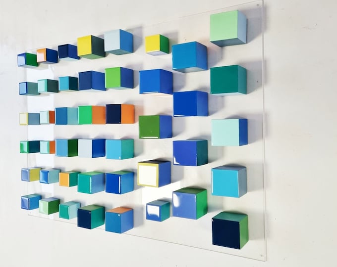 Geometric wood wall art, hand painted cubes with resin on top face, Happy and  bold colors . Multicolor wooden cubes.  3d floating blocks ©