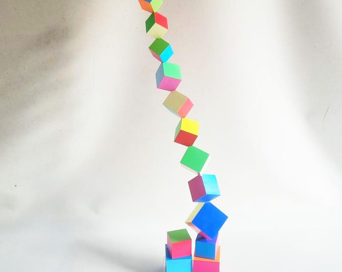 Modern and unique Wooden Cube Sculpture. Handmade 3D Modern Wooden blocks Sculpture - Neon Colors, Customizable art. 3d art