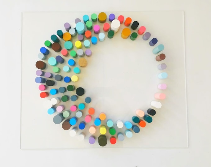 Circle Wood wall art in happy colors. Circular Sculpture wooden art. 3d art in bold colors. Modern wood art. Home decor dowel wall art. ©
