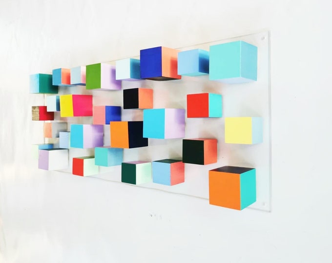 Wood wall art, Sculpture 3D art, modern cube art, Ideal present for any occasion, Geometric design in happy and bold colors, Floating wall ©