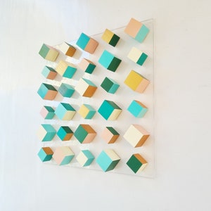 Geometric Wood Block Wall Art: Modern 3D Sculpture, Blue & Natural