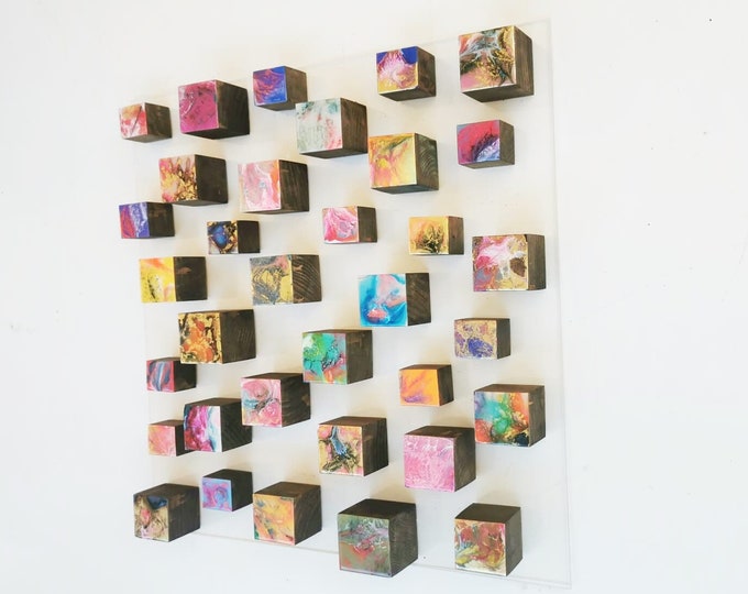 Original, unique and modern wood wall art with resin finish on top. Hand painted using different techniques. Sculpture 3d art. ©