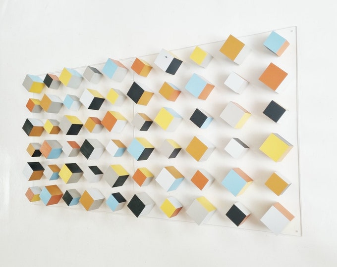 Modern and geometric wood wall art, 2 BASES 23.6 X 23.6 Wood wall art.© . Mosaic. Cube Art. 3D art. Floating. Wall decor. Hand painted.