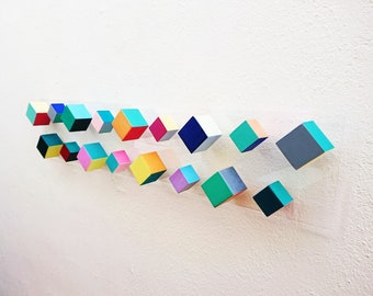 Hand Painted Wood Cube Mosaic Wall Art, Colorful Geometric Sculpture (39.37x7.87)