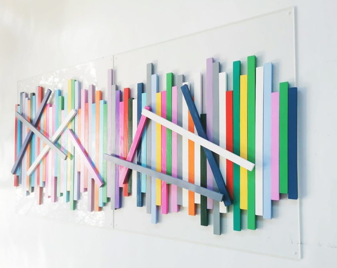 Wood wall art. Modern wall decor, large wood art. Slats in happy and bold colors, wall sculpture, 3d wall art. 2 bases 23.6" X 23.6"©