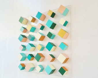 Geometric Wood Block Wall Art: Modern 3D Sculpture, Blue & Natural