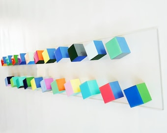 3D Wood Wall Art: Colorful Resin Cubes, Long Narrow Sculpture