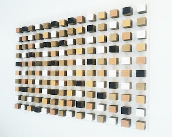 3D Wood Wall Art: Hand-Painted Neutral Cubes, Resin Finish