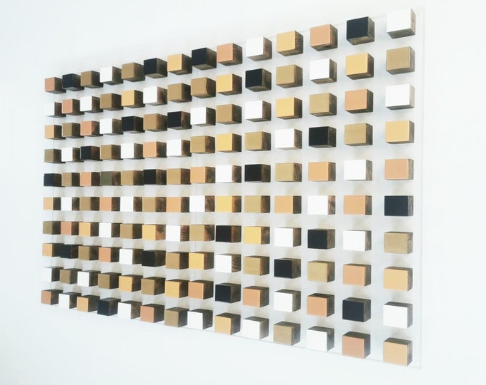 Wood wall art, hand painted in neutral colors, white, tan, black, brown and gold. Resin finish on the top face. Moden wall sculpture, 3d.©