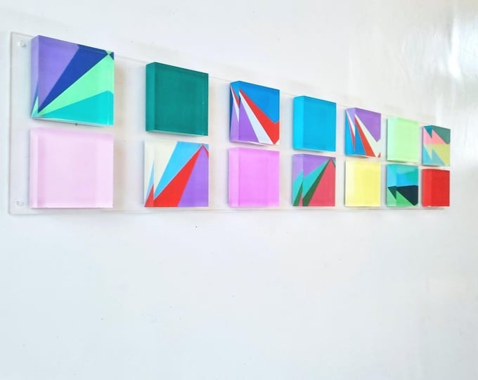 Modern 3D Cube Wall Art. Colorful Cube Wall Sculpture. Large narrow pop art. Custom Geometric Blocks. Light refraction creates color effects