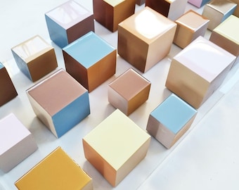 Floating Cube Composition, Neutral Wood Artwork, Resin Finish, Acrylic Panel Decor