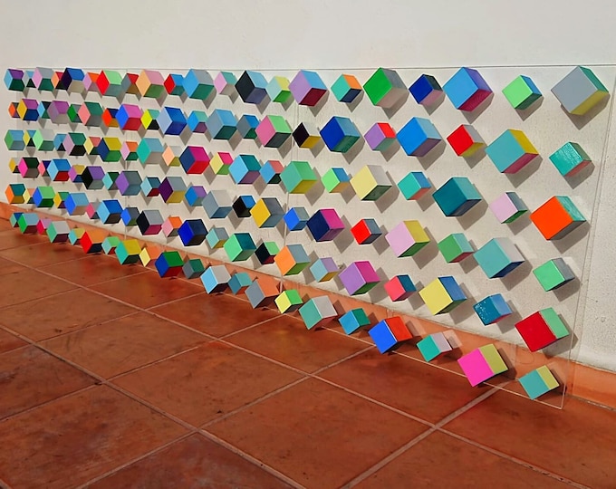 4 BASES© of 96" x 24" Modern decor wall art Wood art, wood Sculpture . Geometric and colorful  Mosaic. Cube Art. 3D art. Floating wall decor