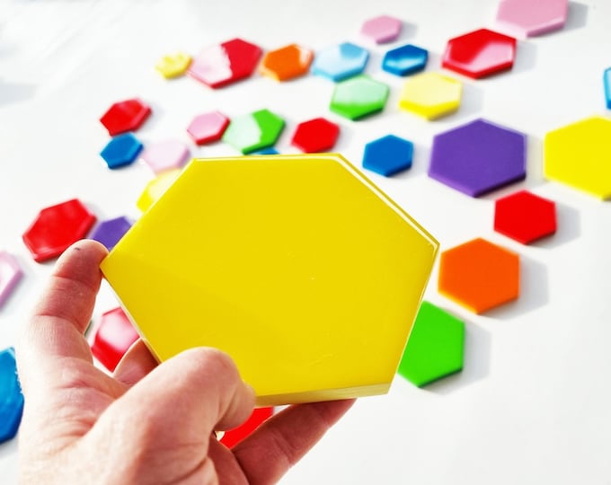 PACKS of hand painted colored wooden hexagons with high quality,shiny epoxy resin front face.Choose the number of Self install wall art ©