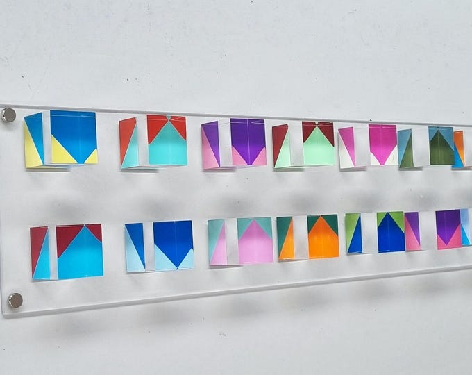Large and narrow lucite panel, 3d wall art, hand painted acrylic cubes. Happy, bold wall sculpture. Cube art. Custom-made panels and colors