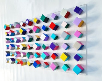 2 BASES 24 X 24 Wood wall art. Sculpture wall art. 3d art. Geometric, modern wood wall art. Hand painted cubes with resin on top face.©