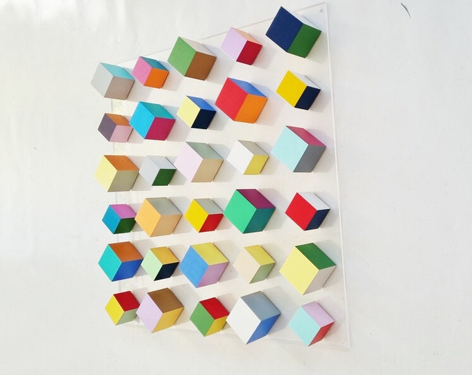 Modern and Abstract wooden block art. Hand Painted Geometric wall design, Cube art, 3d art. Floating Wall decor hanging ©
