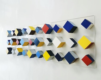 Geometric Wood Wall Art: Hand-Painted Colorful Cubes, Modern Design (40.35" X 12.4")