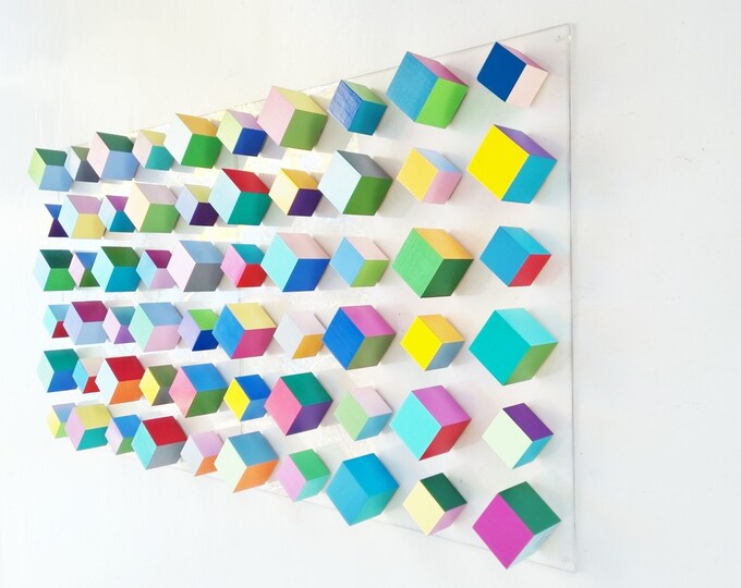 Modern abstract wood art. 3d wall art in happy and bold colors. Geometric wall decor. 2 BASES 23.6" X 23.6" Floating Wall decor hanging ©
