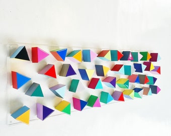 Wood triangles wall art. Hand painted wooden triangles with resin on top face. Happy, bold colors. You can choose the size of acrylic base
