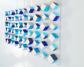 Wall sculpture. White cubes with resin on top face. 2 Bases 23.6"X23.6" Wood wall art, Geometic 3D art © Hand painted blocks.