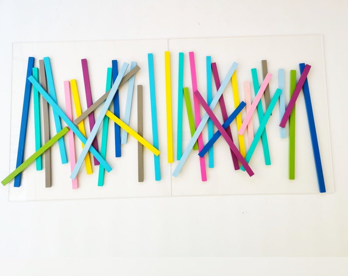 Wood wall art, 2 bases 23.6" X 23.6" Colorful art Sculpture. Bold and happy color slats. 3D art, modern and geometric wall art Wooden art ©t
