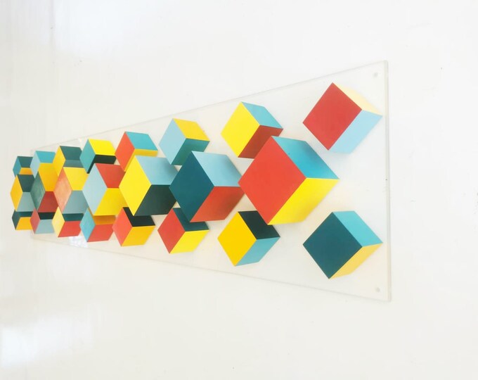Wood wall art in bold colors. Happy art 3d wall decor mounted on acrylic glass base. Modern sculpture art, Rectangular, large and narrow ©