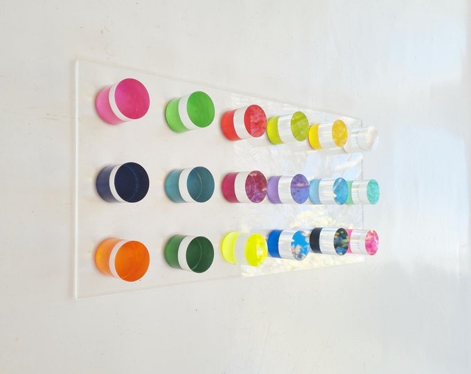 Hand painted colored wall cylinders. Transparent Acrylic circles on Perspex base. 3d modern wall art. Geometric wall art. Happy bold colors.