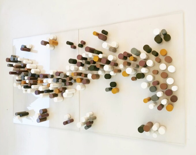 Wall sculpture, Wood wall art, dowel art, sculpture wood wall art. Modern and different 3d art pieces. 2 bases on transparent acrylic glass©
