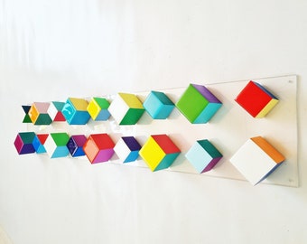 Long and narrow wood wall art. Hand painted cubes with resin on top face. Pop colors. It can be hung vertically or horizontally, modern art©