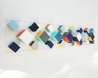 Wood wall art, wood wall sculpture in grey and white with color accent. Long and narrow wall art. Modern wood art. wall hanging 3d art ©
