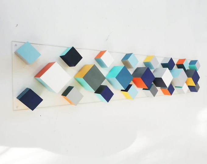 Wood wall art, wood wall sculpture in grey and white with color accent. Long and narrow wall art. Modern wood art. wall hanging 3d art ©