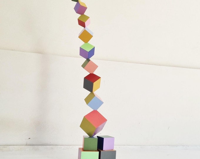 Hand-Painted Wooden Cube Sculpture. Unique Home Decor modern Art Piece. Colorful Geometric Design. Tall sculpture, perfect fit for niches.
