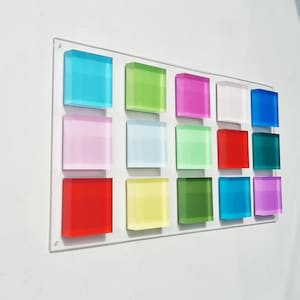 Hand-Painted Pop Art Acrylic Cubes on Clear Panel: 3D Light-Play Wall Art